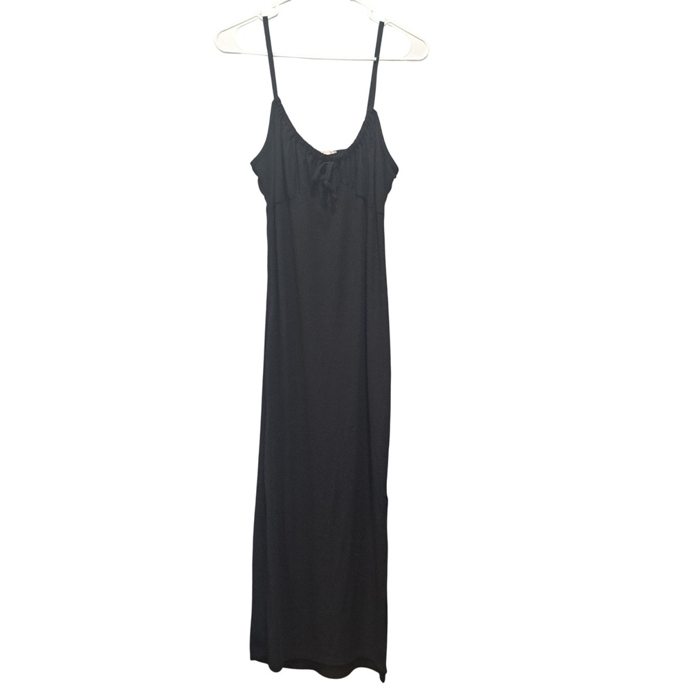 Forever Rose Black Ribbed Milkmaid Maxi‎ Dress Tie Spaghetti Strap Slit MEDIUM